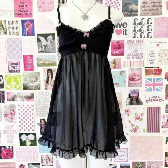 betsey johnson intimates black babydoll slip dress size medium - Picture 1 of 8